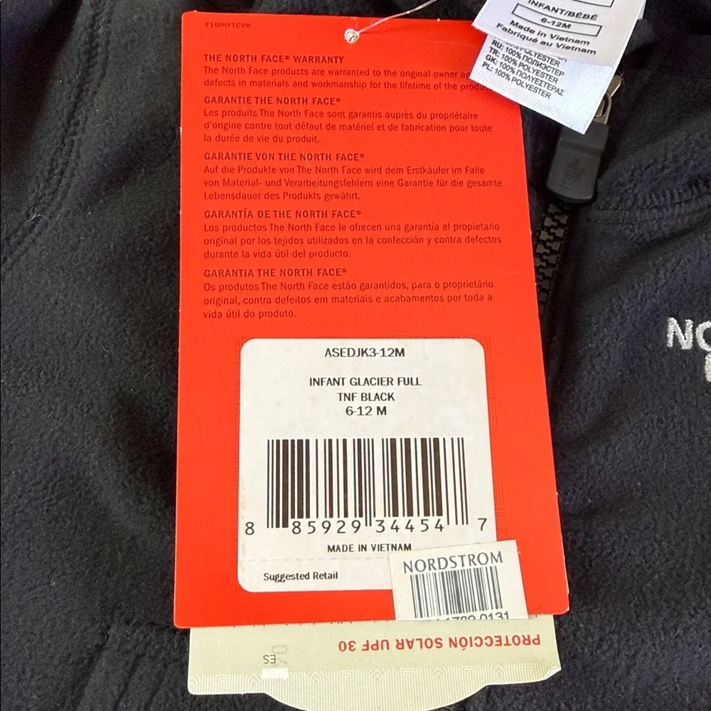 The North Face Infant Glacier Full Zip Hoodie Black Youth 6-12M UPF 30 NWT